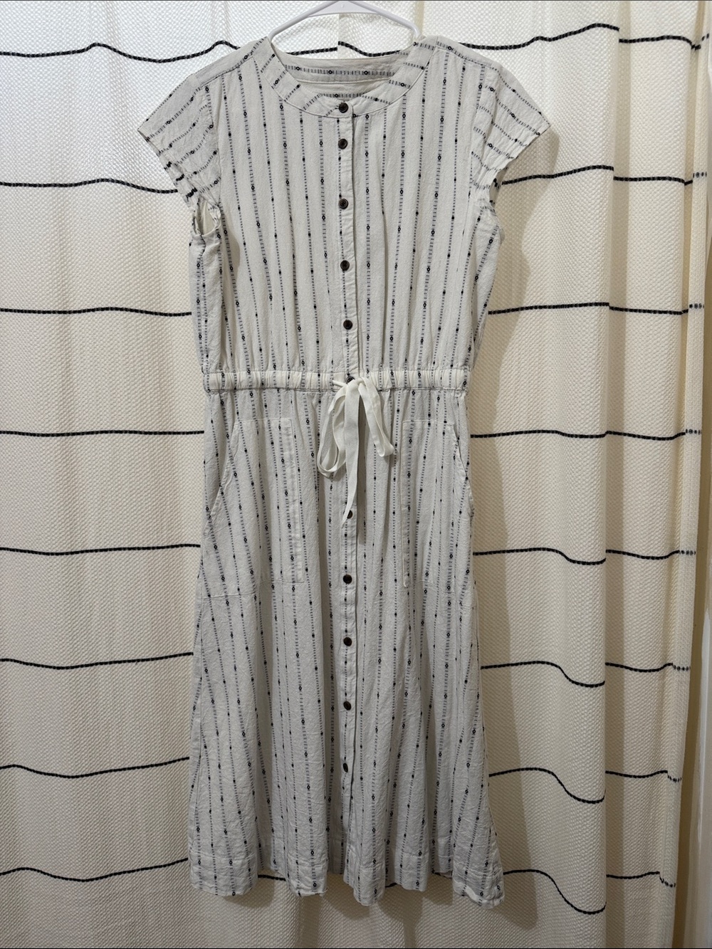 LOFT Striped White Drawstring Button-Front Midi Dress